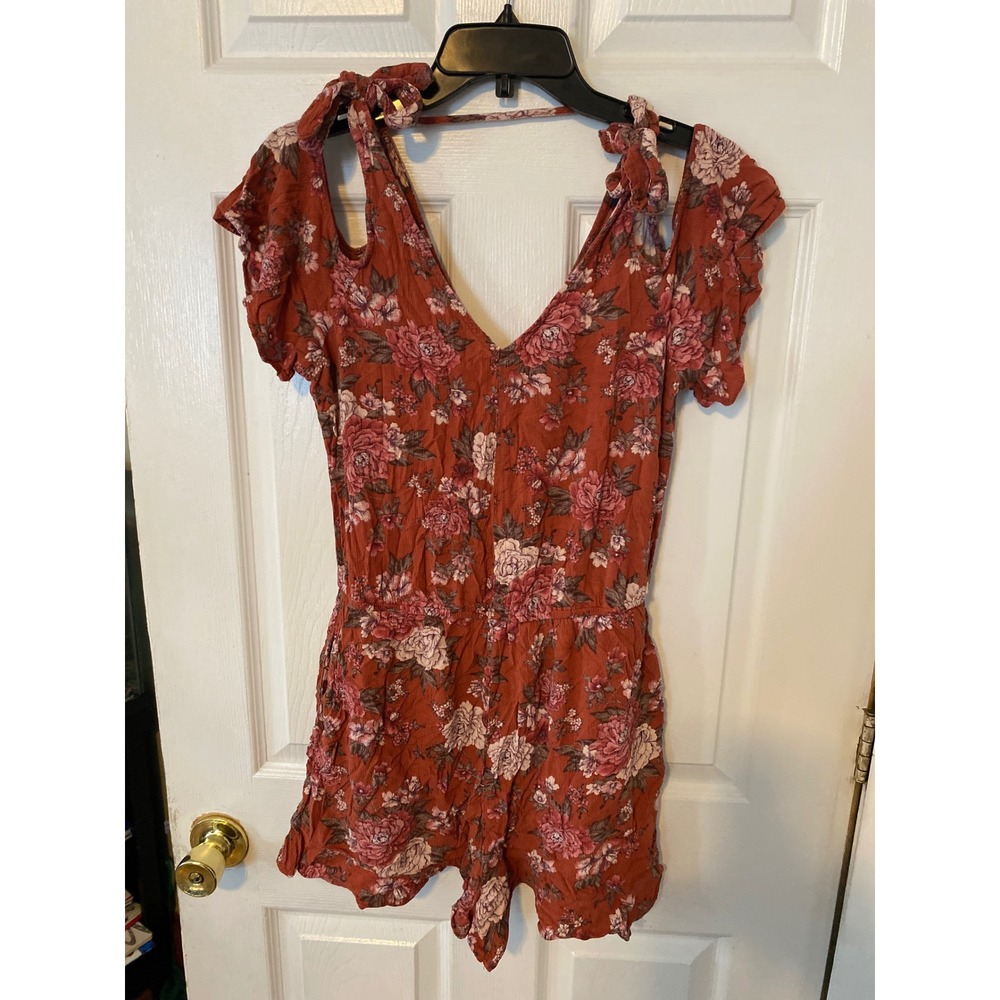 American Eagle Floral Cold Shoulder Romper Rust Orange V-Neck Tie Strap Large